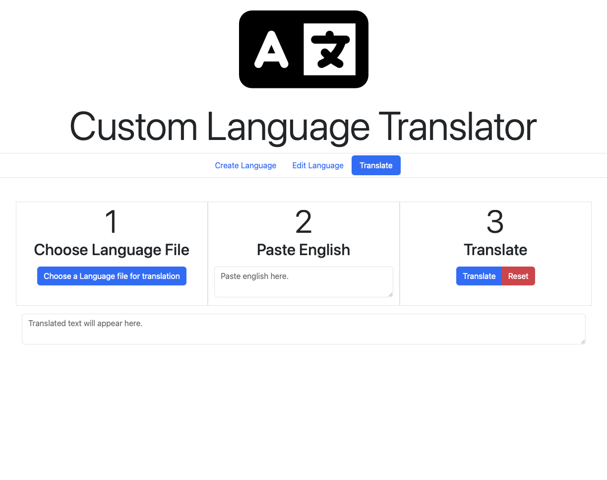 A screenshot showcasing my Custom Language Translator web application.